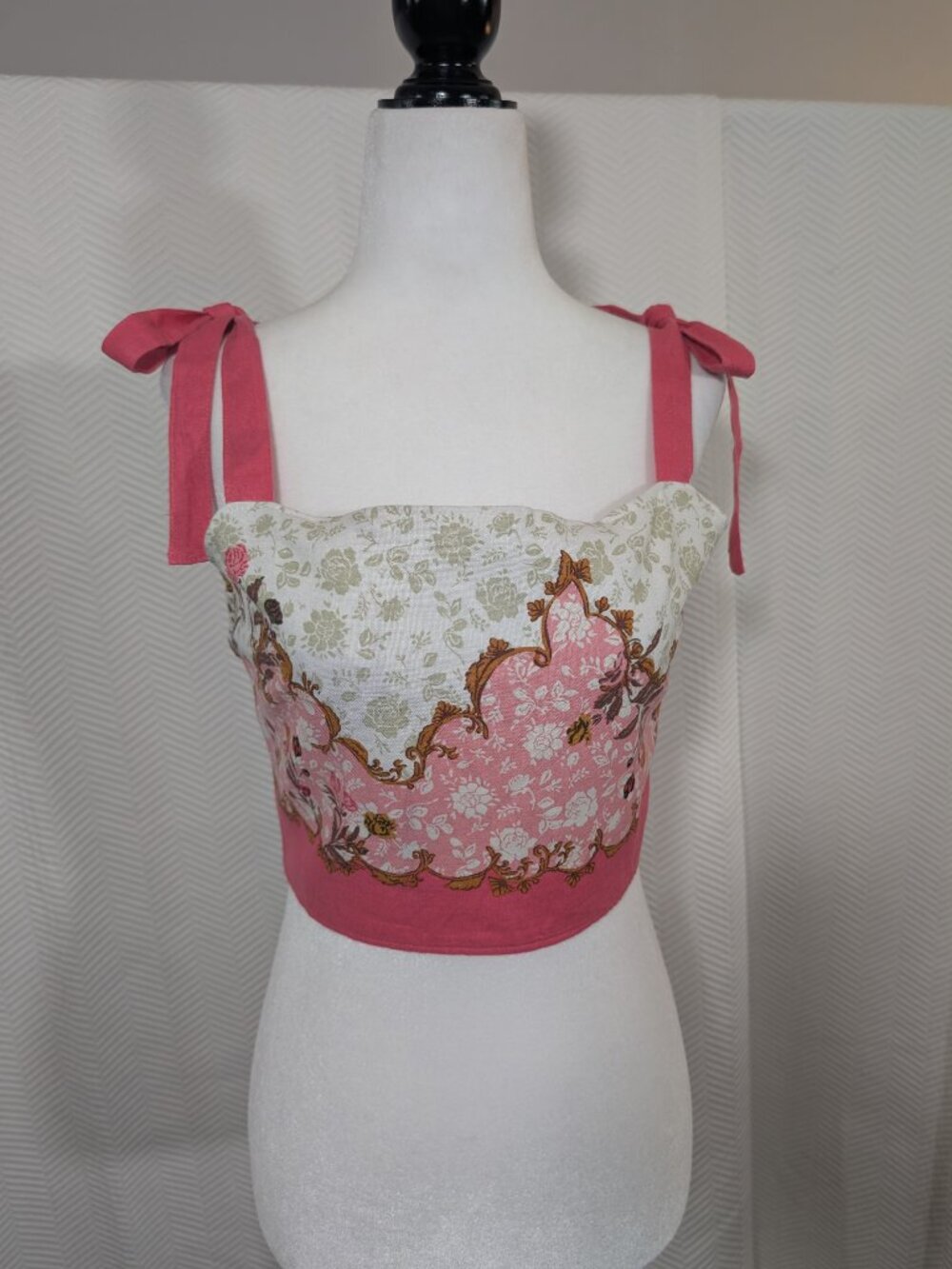 Rachel Zoe Pink Floral Linen Blend Tie-Shoulder Crop Top Smocked Small Coquette
